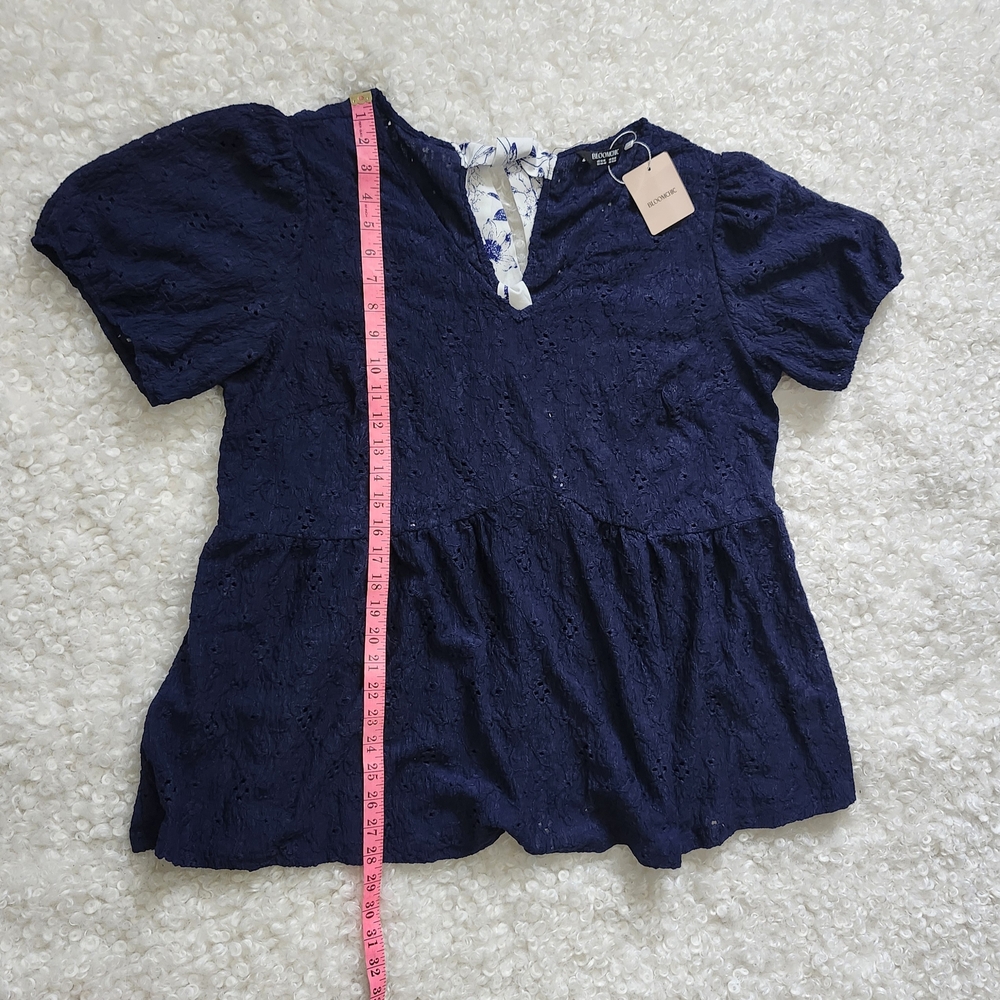 BNWT Bloomchic Navy Back Tie Bow Lace Peplum Top 14‑16 Romantic Boho - Picture 10 of 13